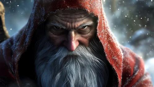 Weathered winter mage portrait in crimson hooded cloak.