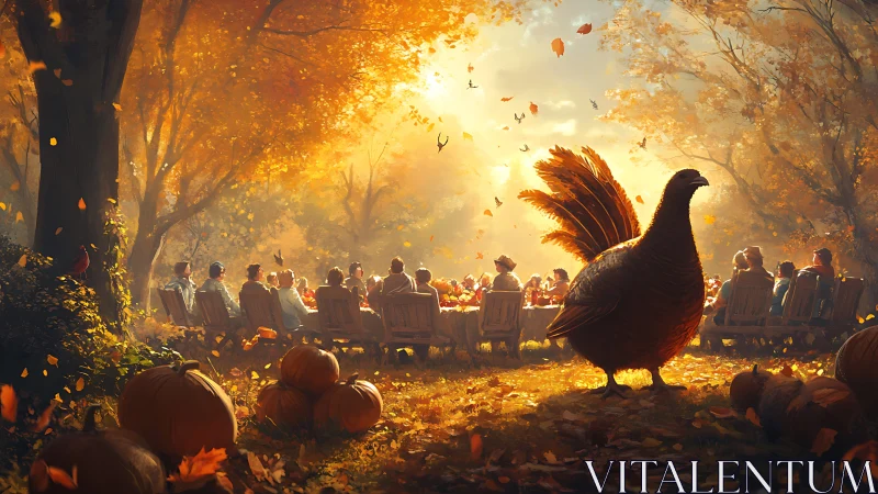 Giant turkey overlooks golden outdoor autumn feast gathering.