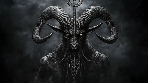 Horned shadow deity in high-contrast digital rendering.