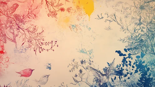 Illustrated songbirds with botanical gradients and ink florals.