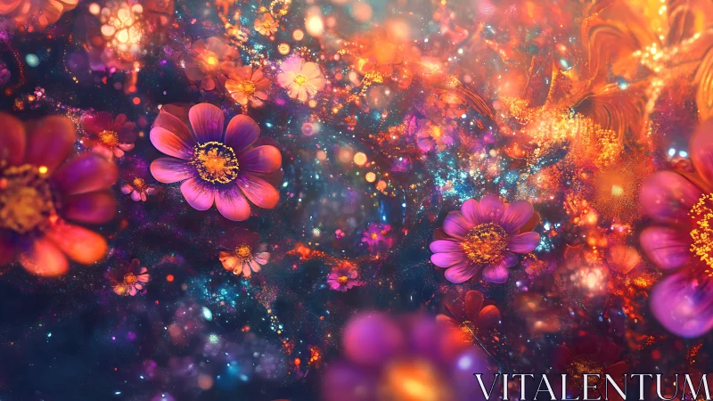 Cosmic neon flowers in radiant abstract galaxy field.