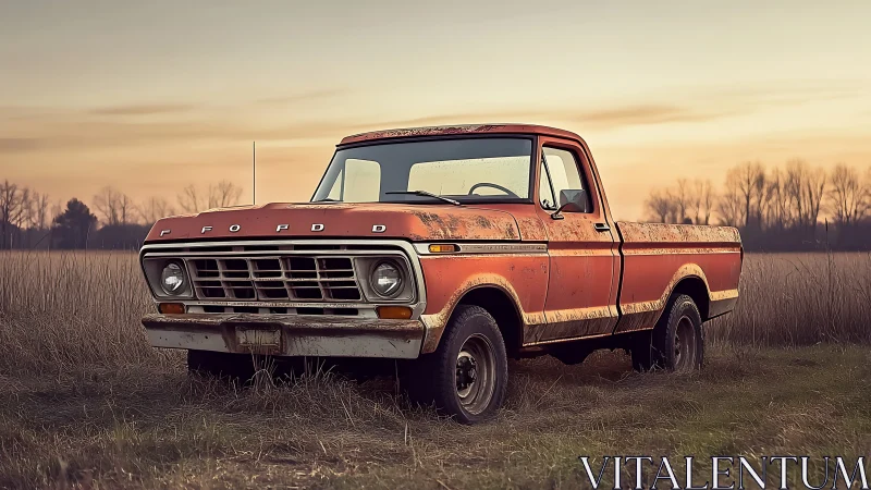 Weathered orange Ford pickup truck in quiet rural field.