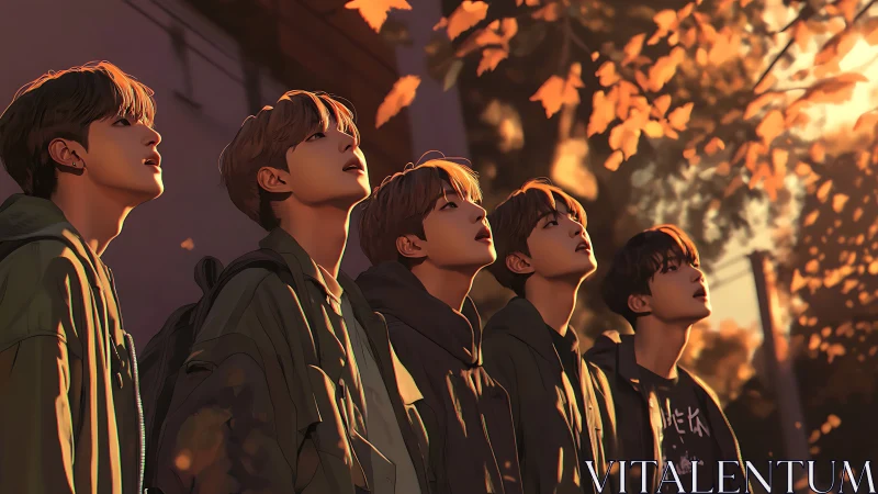 Autumn-lit youth group gazing upward in warm twilight glow.