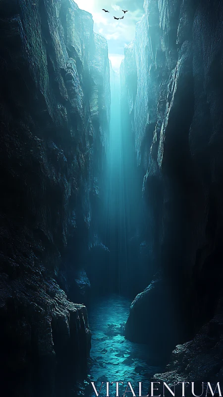 Narrow rocky chasm with blue water and overhead light.