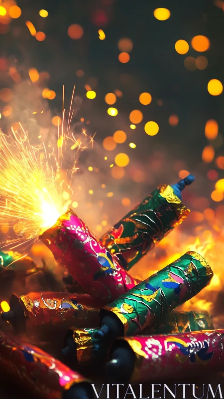 Ignited festive firecrackers emit dynamic bokeh-lit sparks