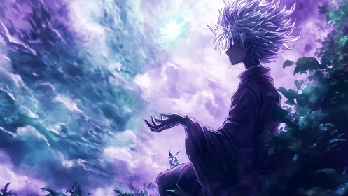 Mystical anime figure under swirling violet sky. Period.