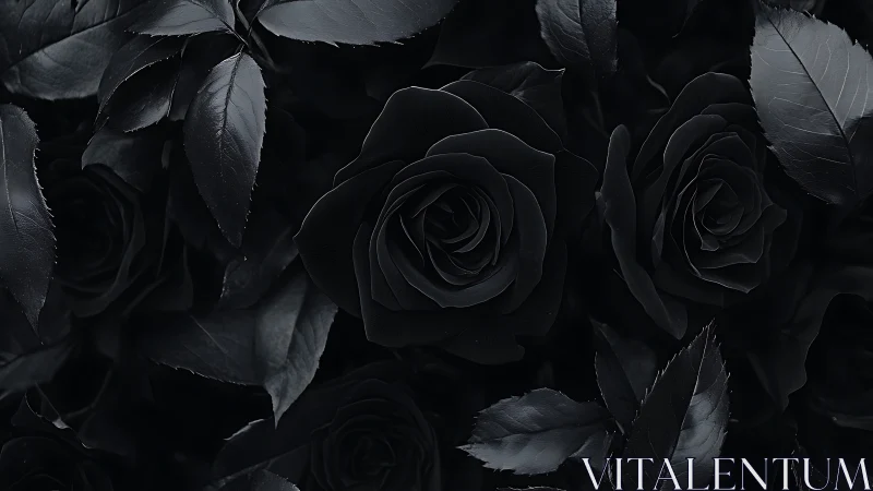 Midnight black roses unfolding quiet, velvety elegance.
