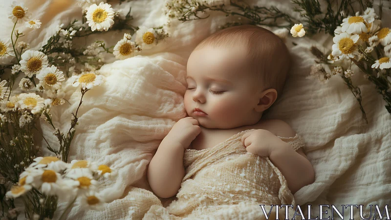 Sleeping Infant Surrounded by Daisies and Dried Florals