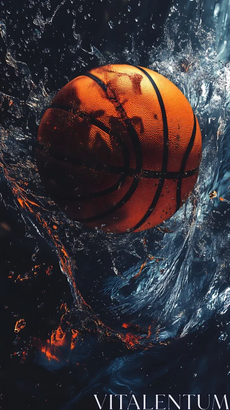 Basketball in dynamic water splash against dark backdrop.