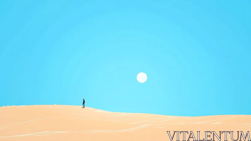 Solitary human figure on minimal desert horizon under noon sun.