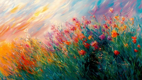 Colorful wildflower field tilts under a bright abstract sky