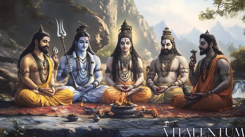 Hindu deities meditate by mountain fire altar in harmony