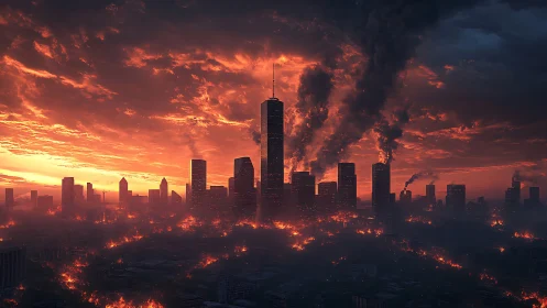 Burning skyline under a storm of embers and fading daylight.