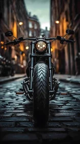 Urban night motorcycle waiting on rain-dark cobblestones.