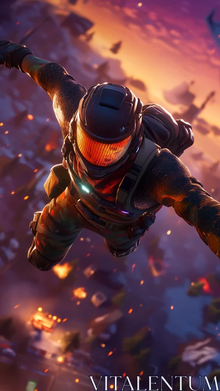 Armored skydiver over stylized city at sunset.