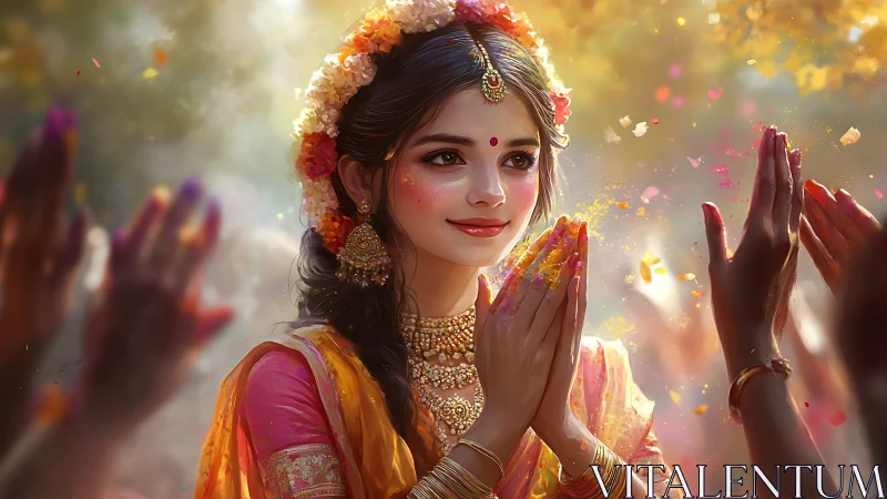 Young woman in traditional attire celebrating Holi, digital painting.
