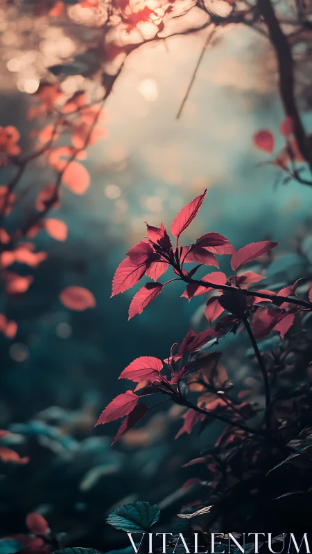 Scarlet leaves sip sunrise in a dreamy forest hush.