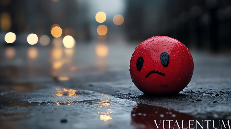 Rainy sidewalk misfit ball wearing a lonely sad face.