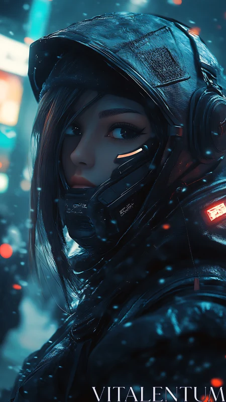 Neon snow sentinel in glossy cyber armor under frozen lights.