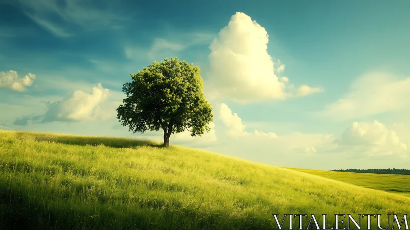 Lone tree on green hill under blue sky in serene landscape photograph.