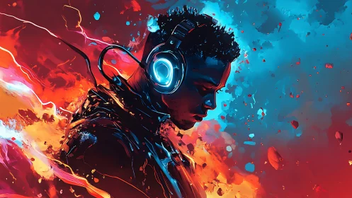 Headphoned figure amid abstract red and blue energy fields.