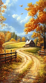 Autumn country lane leading to small cabin in fields.
