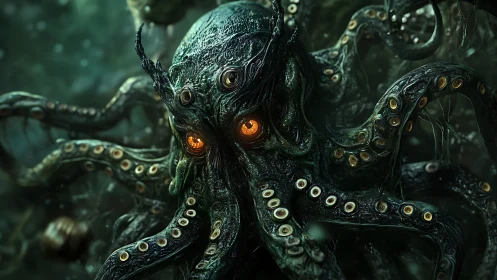 Bioluminescent eldritch cephalopod with multi-eyed crown in abyss