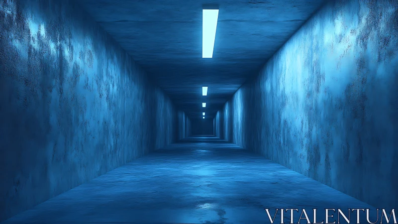 Long blue corridor extends into distance under strip lights.