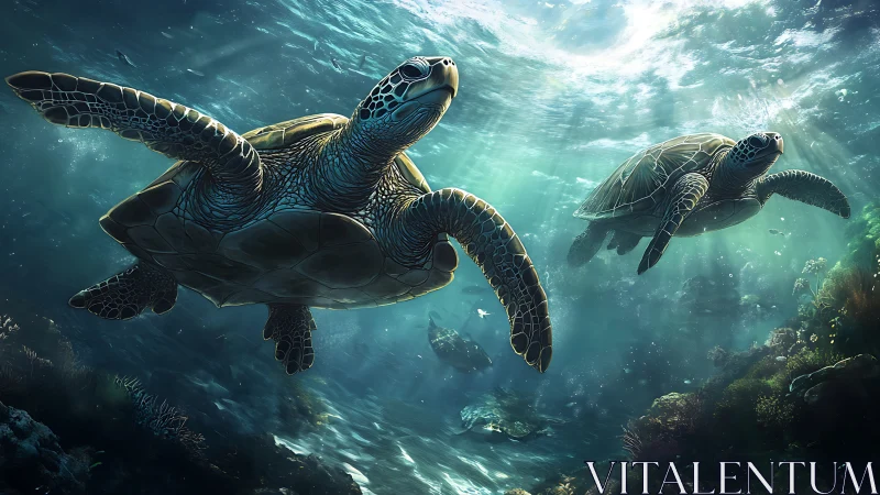 Graceful sea turtles glide through sunlit ocean waters
