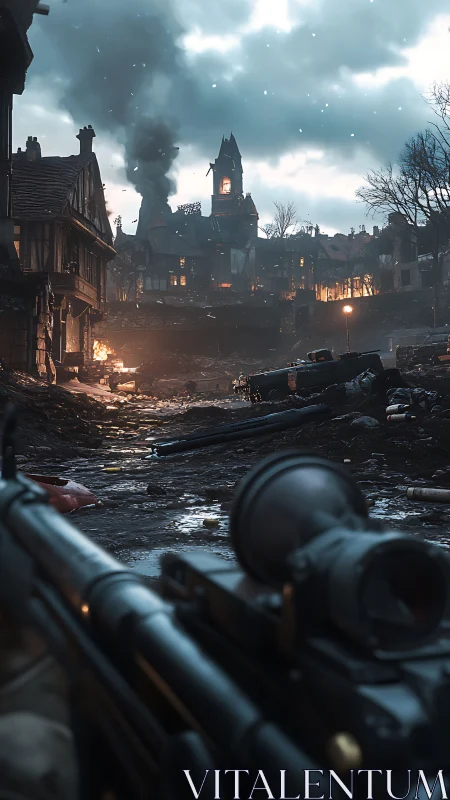 War-torn medieval village under sniper&rsquo;s watch at dusk.