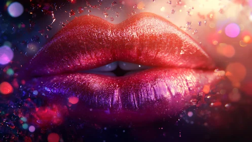 Macro glossed lips with bokeh light scattering and glitter dust