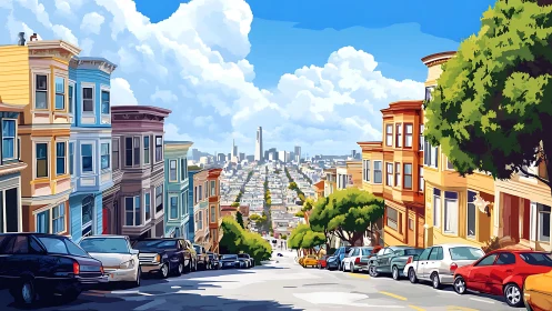 Sunlit hilltop avenue pouring into a distant coastal skyline.