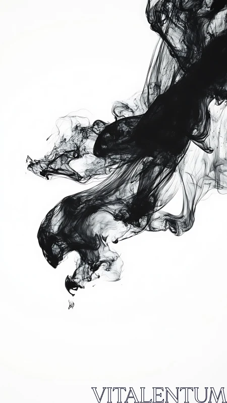 Monochrome ink plume swirling across white negative space.