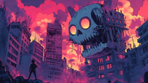 Skull-like mechanical structure hovers over ruined cityscape
