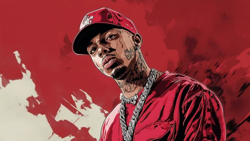 Bold rap portrait stands against a vivid red abstract backdrop
