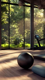 Sunlit gym interior overlooks dense exterior woodland
