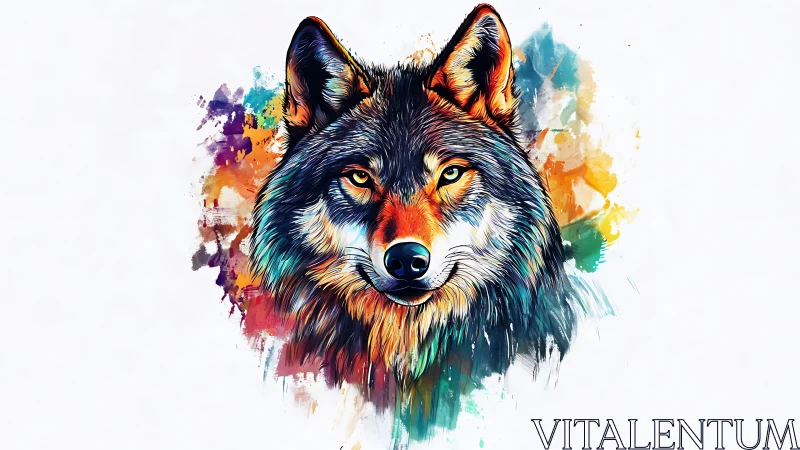 Vibrant watercolor wolf portrait with abstract splashes.