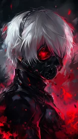 Masked white haired figure is rendered amid red digital effects