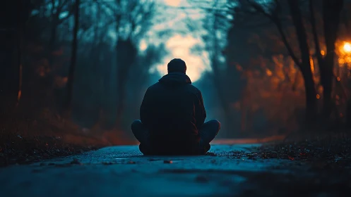 Person sits on empty forest path at dusk in cold light.