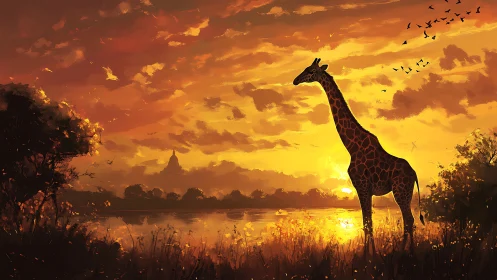 Giraffe silhouette overlooks glowing river under blazing sunset