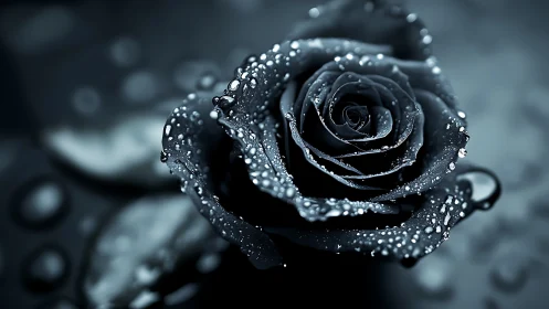 Midnight rose glistening softly under silver raindrops.
