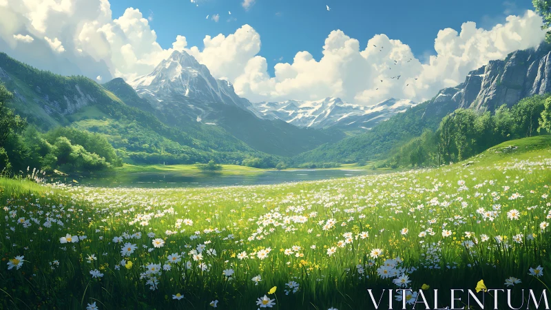 Flowered meadow extends toward lake and distant snowy peaks