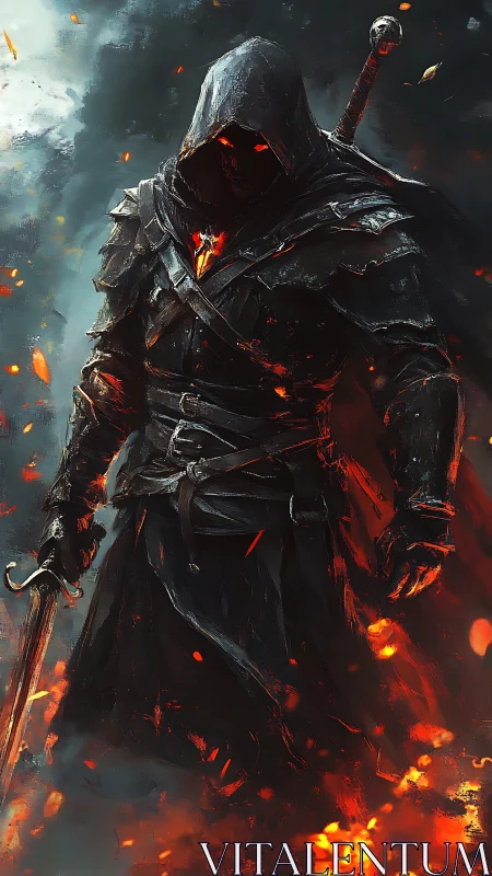 Hooded dark knight stands in burning embers with glowing core