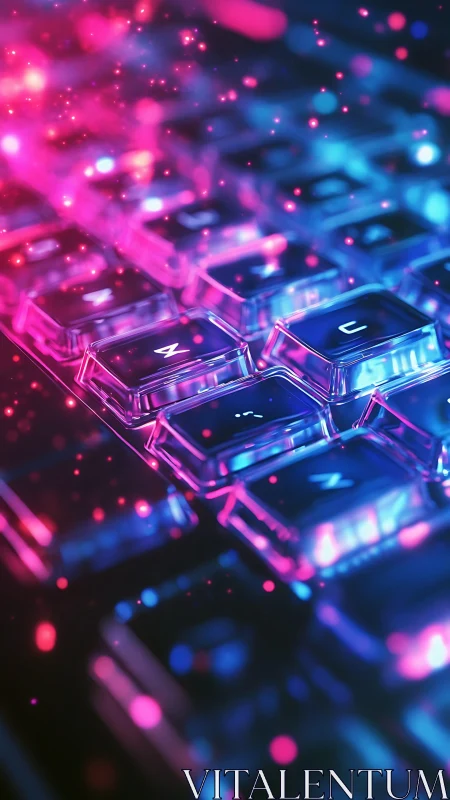 Neon-lit mechanical keyboard with translucent caps and particle glow