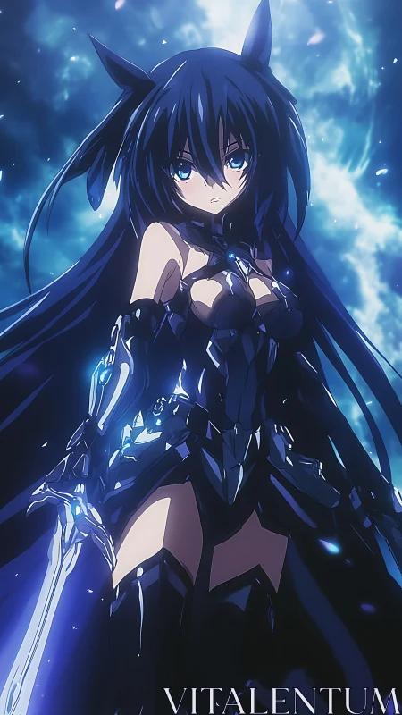 Armored blue-haired anime swordswoman in luminous astral storm