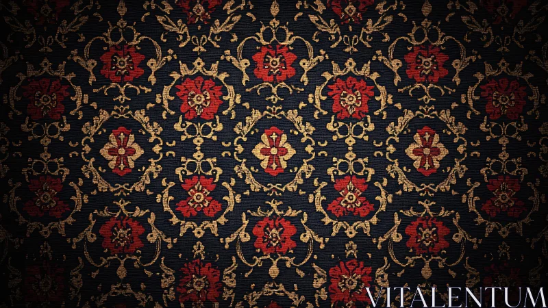 Ornate vintage floral damask pattern in deep red and gold tones.