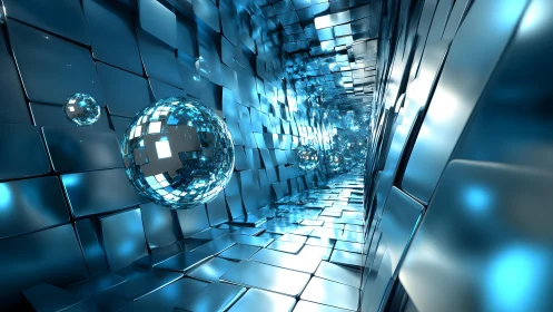 Reflective data spheres in tessellated metallic corridor.
