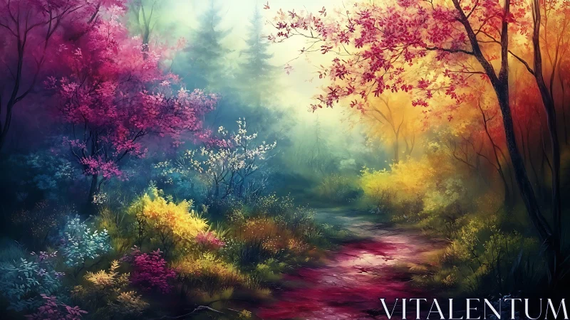 Enchanted Forest Pathway: Chromatic Gradient Landscape with Luminous Foliage