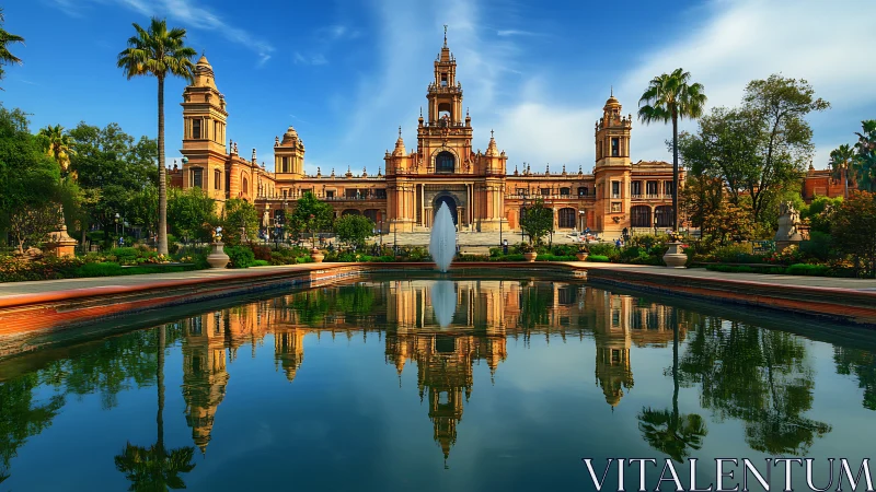 Historic palace facade mirrored in formal garden pool.