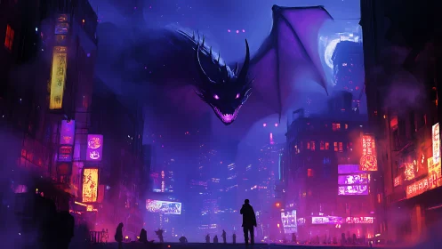 Gigantic neon-lit dragon hovers above cyberpunk city street